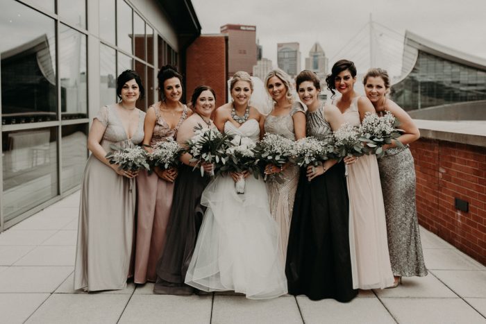Mismatched Bridesmaids Dresses: White & Gray Industrial Wedding at the History Center from Rachel Rowland Photography featured on Burgh Brides