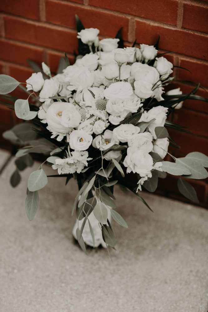 White and Green Bridal Bouquet: White & Gray Industrial Wedding at the History Center from Rachel Rowland Photography featured on Burgh Brides