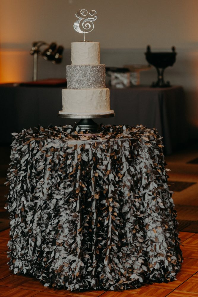 White and Silver Wedding Cake: White & Gray Industrial Wedding at the History Center from Rachel Rowland Photography featured on Burgh Brides