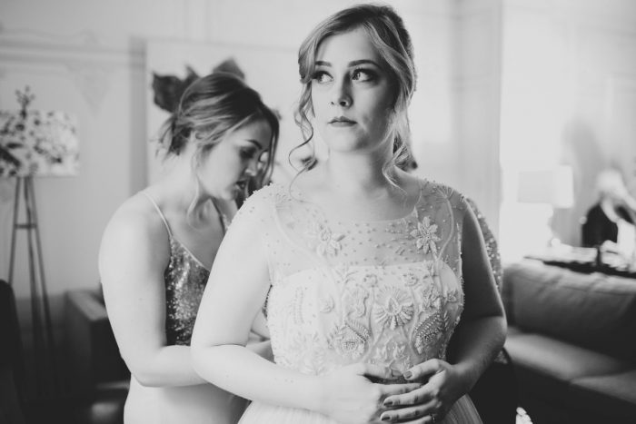 Embroidered Wedding Dress: Small Eclectic Wedding at Smallman Galley from Caitlin Thomas Photography featured on Burgh Brides