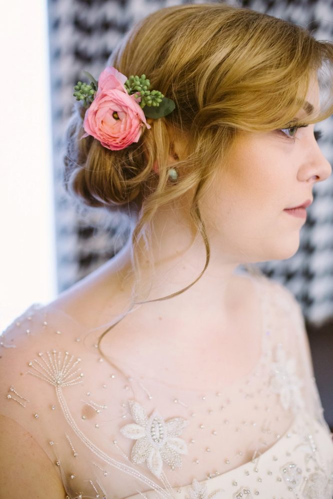 Floral Bridal Hair Accessory: Small Eclectic Wedding at Smallman Galley from Caitlin Thomas Photography featured on Burgh Brides