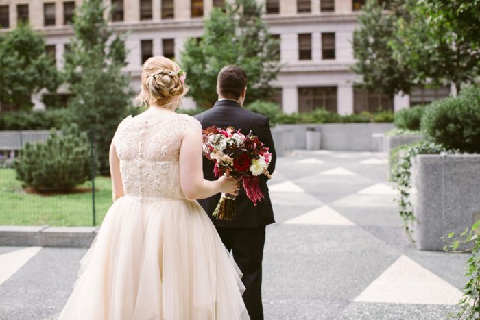 Bride and Groom First Look: Small Eclectic Wedding at Smallman Galley from Caitlin Thomas Photography featured on Burgh Brides