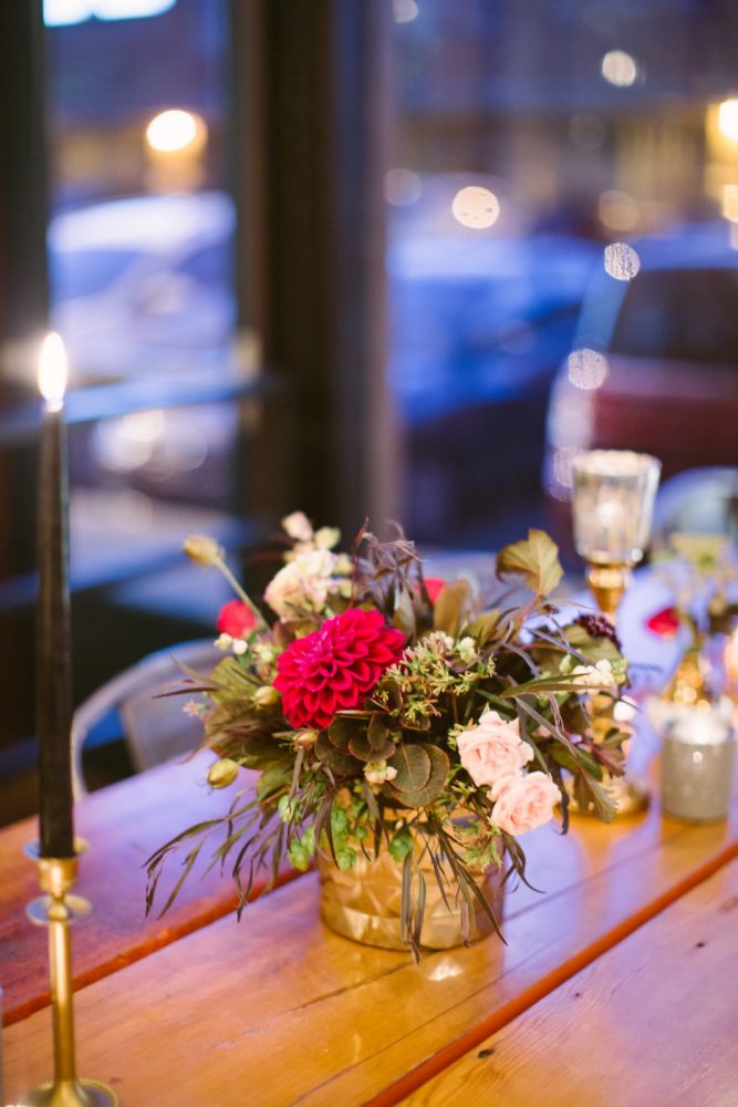 Pink and Gold Wedding Centerpieces: Small Eclectic Wedding at Smallman Galley from Caitlin Thomas Photography featured on Burgh Brides