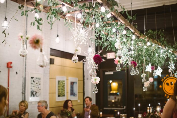Hanging Wedding Floral Decor: Small Eclectic Wedding at Smallman Galley from Caitlin Thomas Photography featured on Burgh Brides